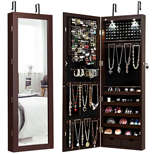 Giantex Wall/Door Mounted Jewelry Armoire Organizer with 2 LED Lights, Lockable Height Adjustable Jewelry Cabinet with Full Length Mirror, Large Capacity Dressing Makeup Jewelry Mirror Storage (Brown)