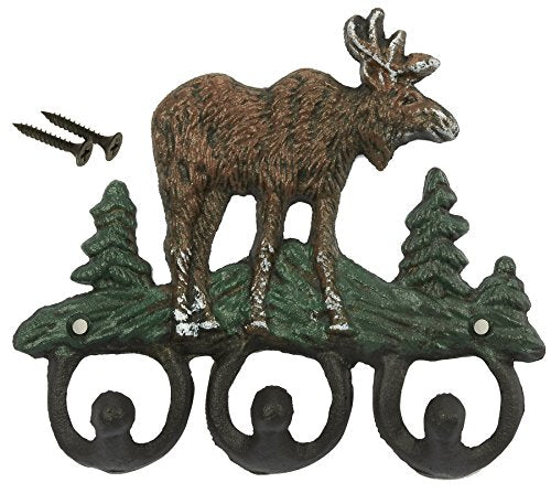 Wrought Iron Key Hooks - Natural Moose Theme Set of 3 Hooks for Interior Decoration, Clothing, Keys, Includes Nails