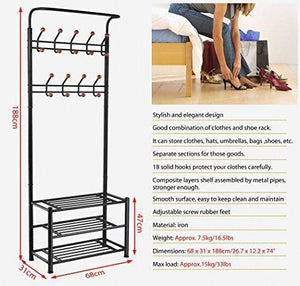Cheap world pride metal multi purpose clothes coat stand shoes rack umbrella stand with 18 hanging hooks max load capicity up to 67 5kg 148 8lb 26 7 x 12 2 x 74 black