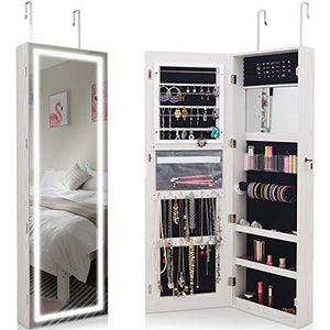 Giantex Jewelry Cabinet Box Amoire Door Wall Mount Lockable Touch Screen Light Built-in Zipper Pocket Inside Makeup Mirrored Storage Jewelry Box Armoires with Lipstick Holder(White)