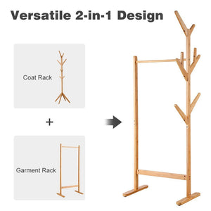 Great langria single rail bamboo garment rack with 8 side hook tree stand coat hanger and four stable leveling feet for jacket umbrella clothes hats scarf and handbags natural wood finish