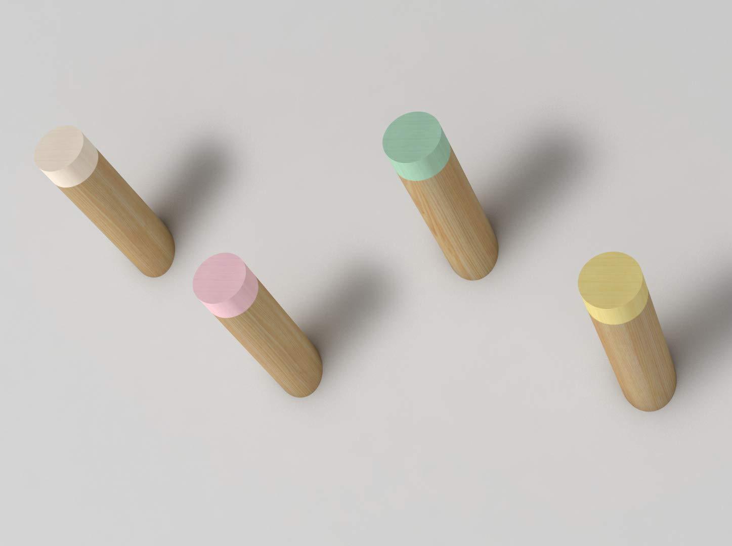 Wooden Modern Coat Hooks 3" Wall Mounted Decorative Hat Hanger Towel Rack Natural Wood Hook Vintage Organizer (White Pink Yellow Blue Pack of 4)
