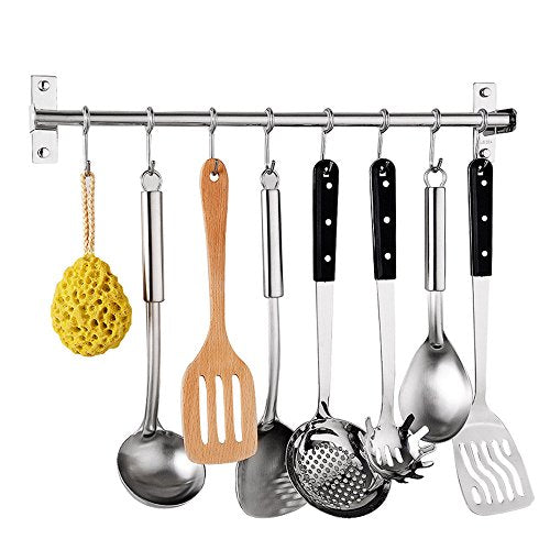 Kitchen Utensil Rack,Wall Mounted Hanger,Space Saver Stainless Steel Rack Rail Storage Organizer Kitchen Tools for Hanging Knives, Spoon,Pot and Pan with 8 Removable S Hooks, 20 inches (50CM 8 Hooks)