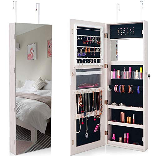 Giantex Lockable Jewelry Cabinet Wall Door Mounted Frameless Mirror Storage Organizer Inside Pocket and Makeup Mirrored Armoires Watch Bracket Lipstick Cup Holder, Hanging Jewelry Box Cabinets (White)