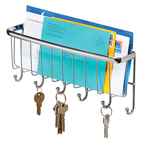 InterDesign Axis Mail Holder and Key Rack - Wall Mounted Letter Organizer and 6 Key Hooks for Entryway or Kitchen, Chrome