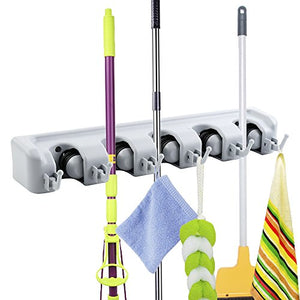 Pannow Mop and Broom Holder, Professional Tool Storage and Hanger,Garden Tool Organizer,Wall Mounted Organizer,5 Slots and 6 Hooks,Easy to Install,Best for Home, Kitchen and Garage