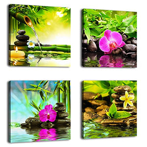 yearainn Canvas Art Zen Canvas Prints Spa Wall Decor 4 Panel Canvas Artwork Modern Pictures Framed Ready to Hang - Spa Massage Treatment Red Orchid Frangipani Bamboo Waterlily Black Stone in Garden