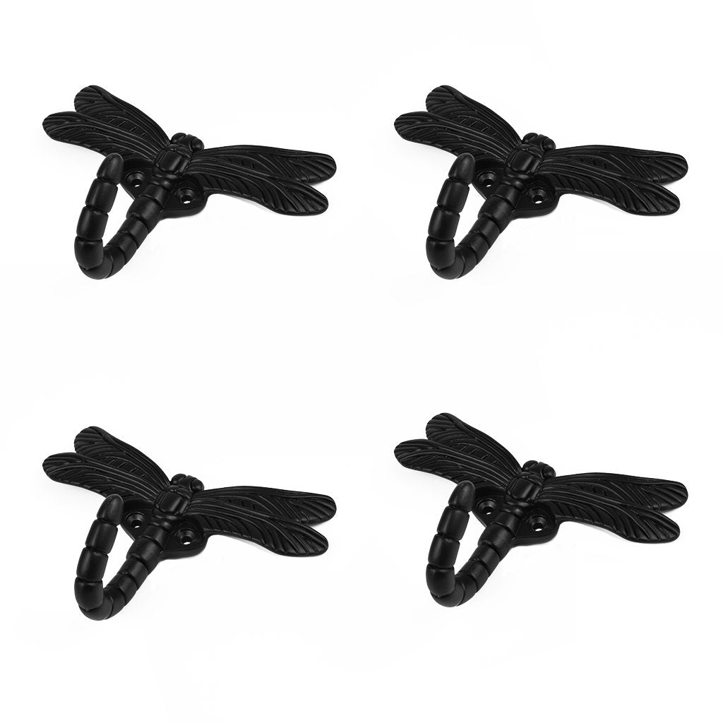 HanLingGG 4 Pack Dragonfly Wall Mounted Hanger Hooks Heavy Duty Coat Tower Hooks with Screws for Clothes, Hat, Bags, Key Perfect Halloween Decorations (Black)