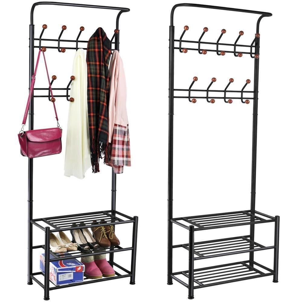 Discover the world pride metal multi purpose clothes coat stand shoes rack umbrella stand with 18 hanging hooks max load capicity up to 67 5kg 148 8lb 26 7 x 12 2 x 74 black