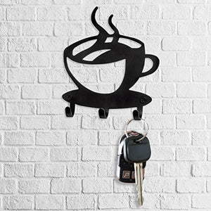 Key Holder Rack Wall Mounted - Modern Coffee Time Decor Key Organizer with 3 Hooks, Premium Quality Laser Cut Steel, Black Finish, Ready to Install with Included Screws & Anchors By Spectrum