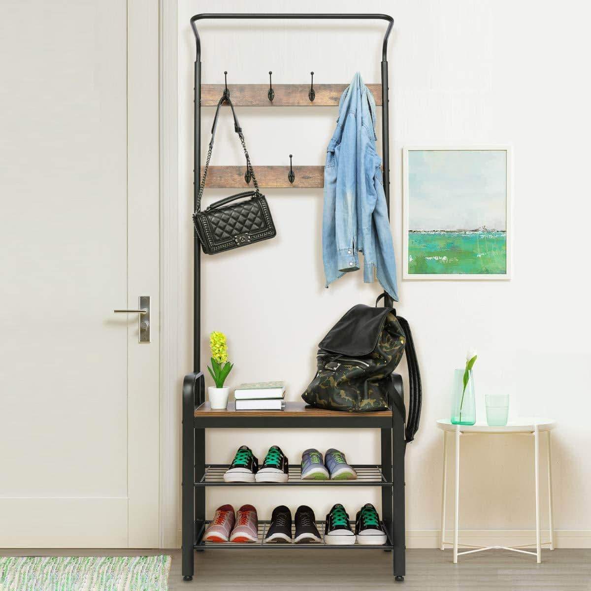 Storage kingso industrial coat rack hall tree entryway coat shoe rack 3 tier shoe bench 7 hooks wood look accent furniture with stable metal frame easy assembly