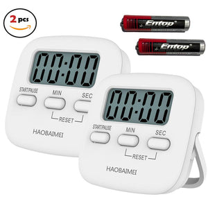 HAOBAIMEI 4 PACK Digital Kitchen Timer, Simple Operation, Minute Second Count Up and Countdown, Loud Alarm, Low Energy Consumption, Magnetic Backing, Stand, White, Batteries Included (4)