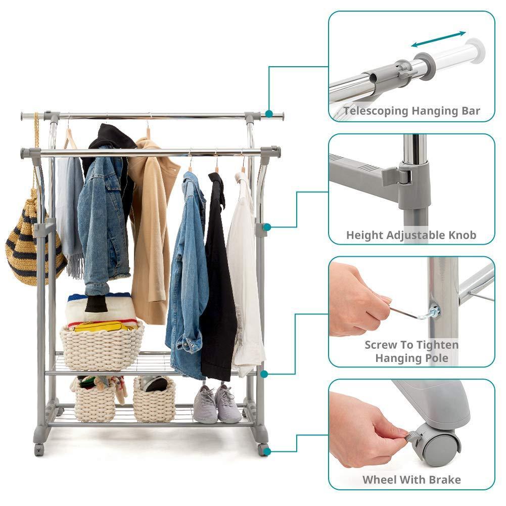 Save on ezoware heavy duty clothes rack dual bar commercial grade garment coat clothes closet organizer hanging rack with 2 tier bottom shelves for balcony boutiques bedroom chrome finish