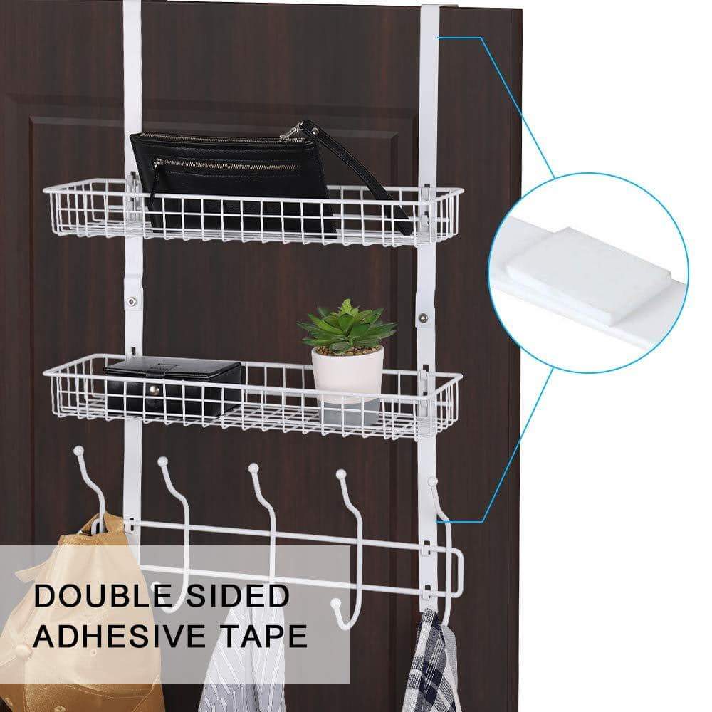 Selection nex upgrade over the door hook shelf organizer 5 hooks with 2 baskets storage rack for coats towels chrome white
