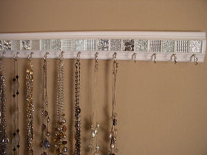 Jewelry organizer. Glass mosaic Tile/ necklace holder silver glass mosaic tile 20" w/ 12 hooks. Closet storage or room décor and organization. YOUR CHOICE OF BACKGROUND COLOR