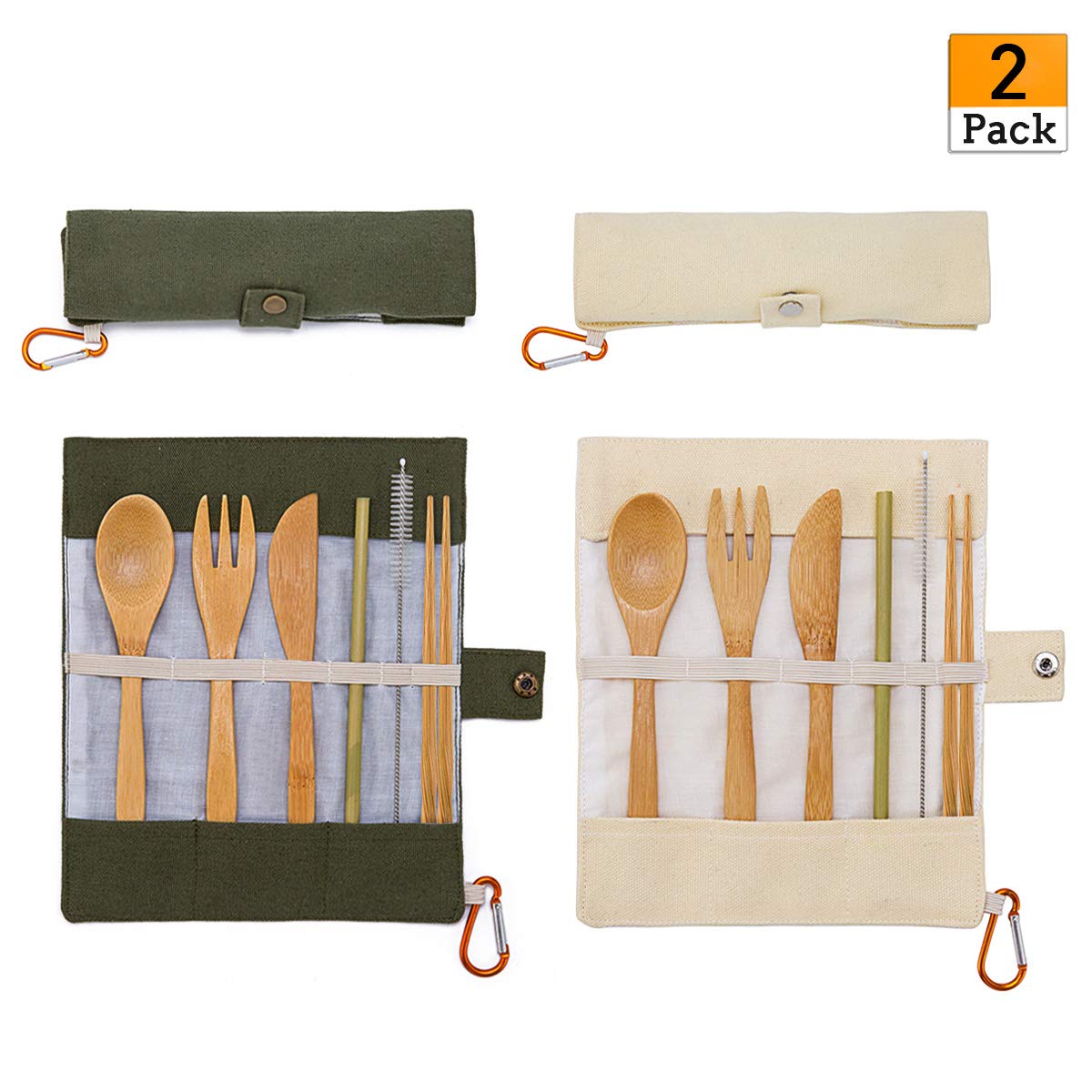2 Pack Natural Bamboo Travel Cutlery Kit include Knife, Fork, Spoon, Straw and Cleaning Brush for Camping Office Lunch