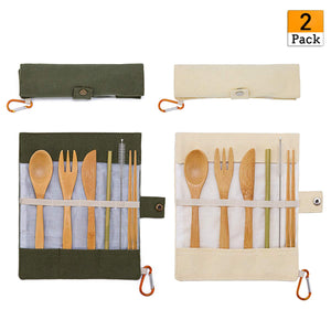 2 Pack Natural Bamboo Travel Cutlery Kit include Knife, Fork, Spoon, Straw and Cleaning Brush for Camping Office Lunch