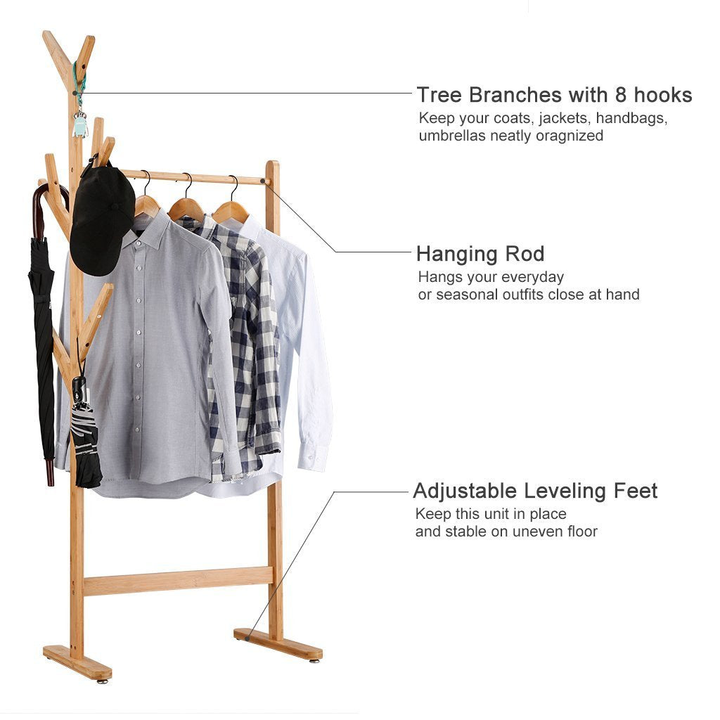 Get langria single rail bamboo garment rack with 8 side hook tree stand coat hanger and four stable leveling feet for jacket umbrella clothes hats scarf and handbags natural wood finish