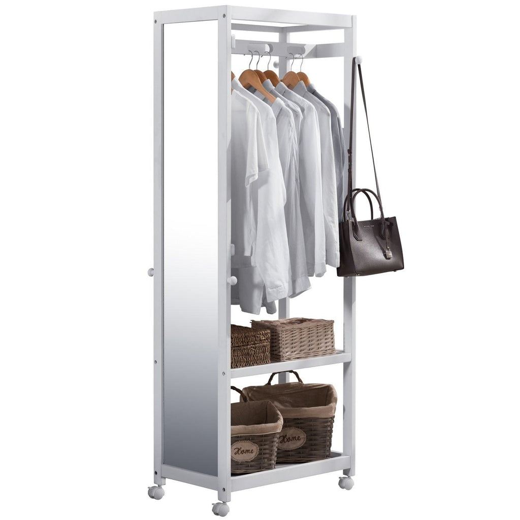 Featured free standing armoire wardrobe closet with full length mirror 67 tall wooden closet storage wardrobe with brake wheels hanger rod coat hooks entryway storage shelves organizer ivory white