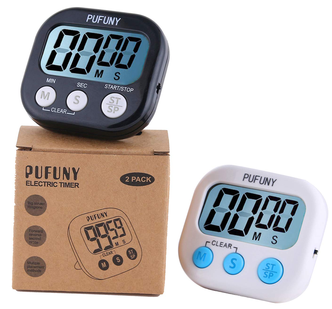 PUFUNY Digital Kitchen Timer,Cooking Timer,Large Display,Strong Magnet Back,Loud Alarm,Stand,for Cooking Baking Sports Games Office,User Guide Included,2 Pack (White&Black)