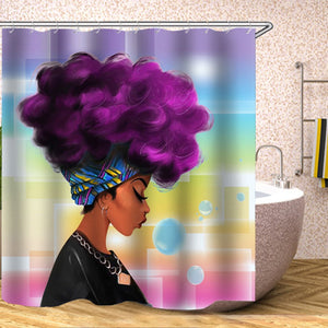 Lileihao African Girl Shower Curtains Purple Hair Bathroom Decor Polyester Fabric Home Bath Accessories Perfect Curtain Sets 69 X 70 Inch Includes Hooks