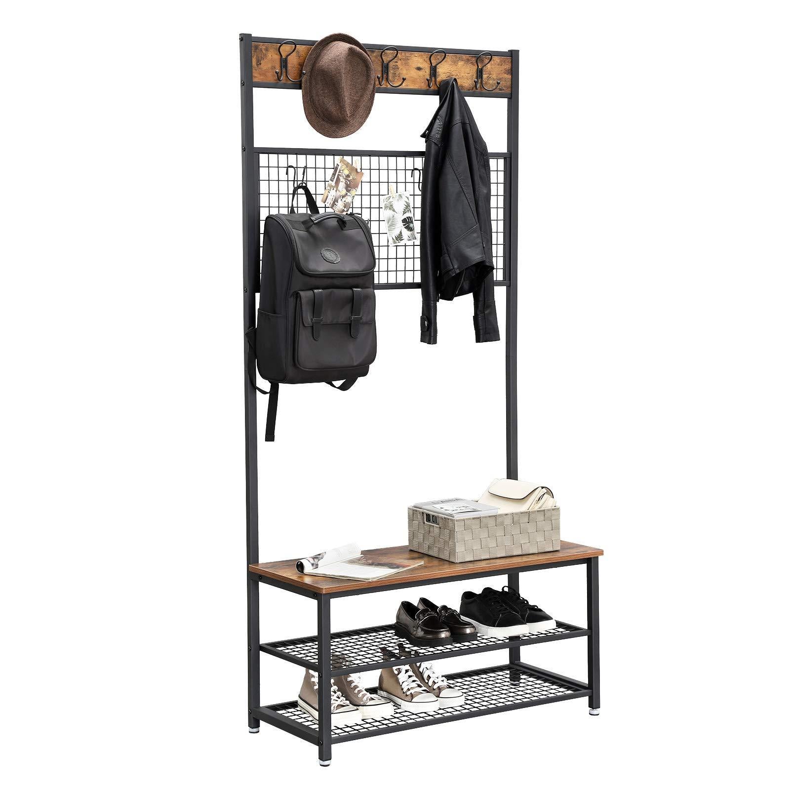 Save vasagle industrial coat stand shoe rack bench with grid memo board 9 hooks and storage shelves hall tree with stable metal frame rustic brown uhsr46bx