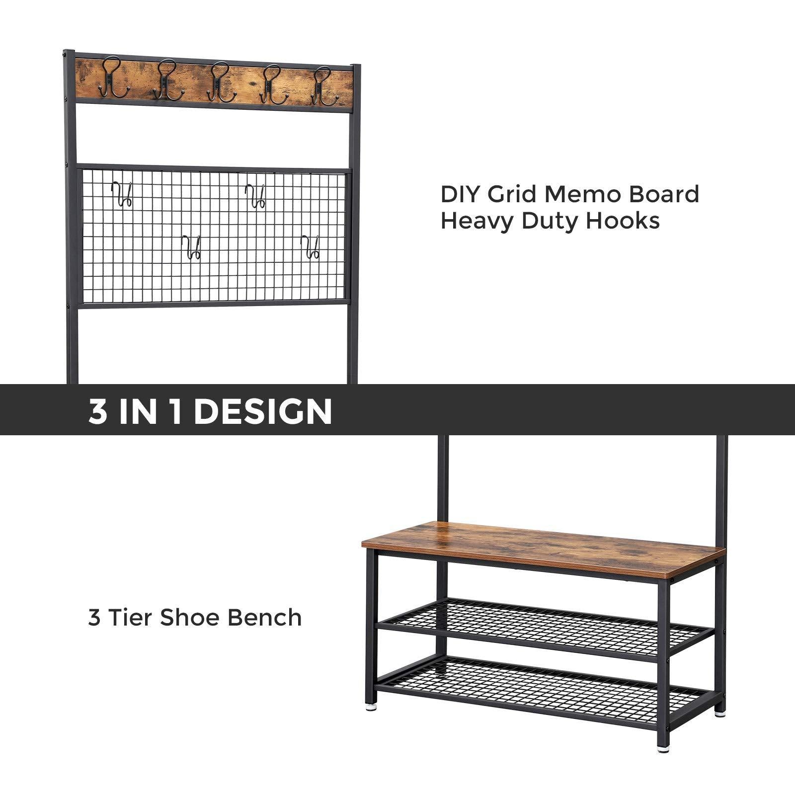 Results vasagle industrial coat stand shoe rack bench with grid memo board 9 hooks and storage shelves hall tree with stable metal frame rustic brown uhsr46bx