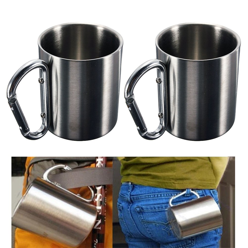 2 Pc Portable Cup 8oz Stainless Steel Camping Carabiner Mug Thermal Hook Handle