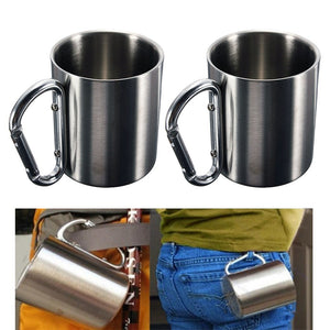 2 Pc Portable Cup 8oz Stainless Steel Camping Carabiner Mug Thermal Hook Handle