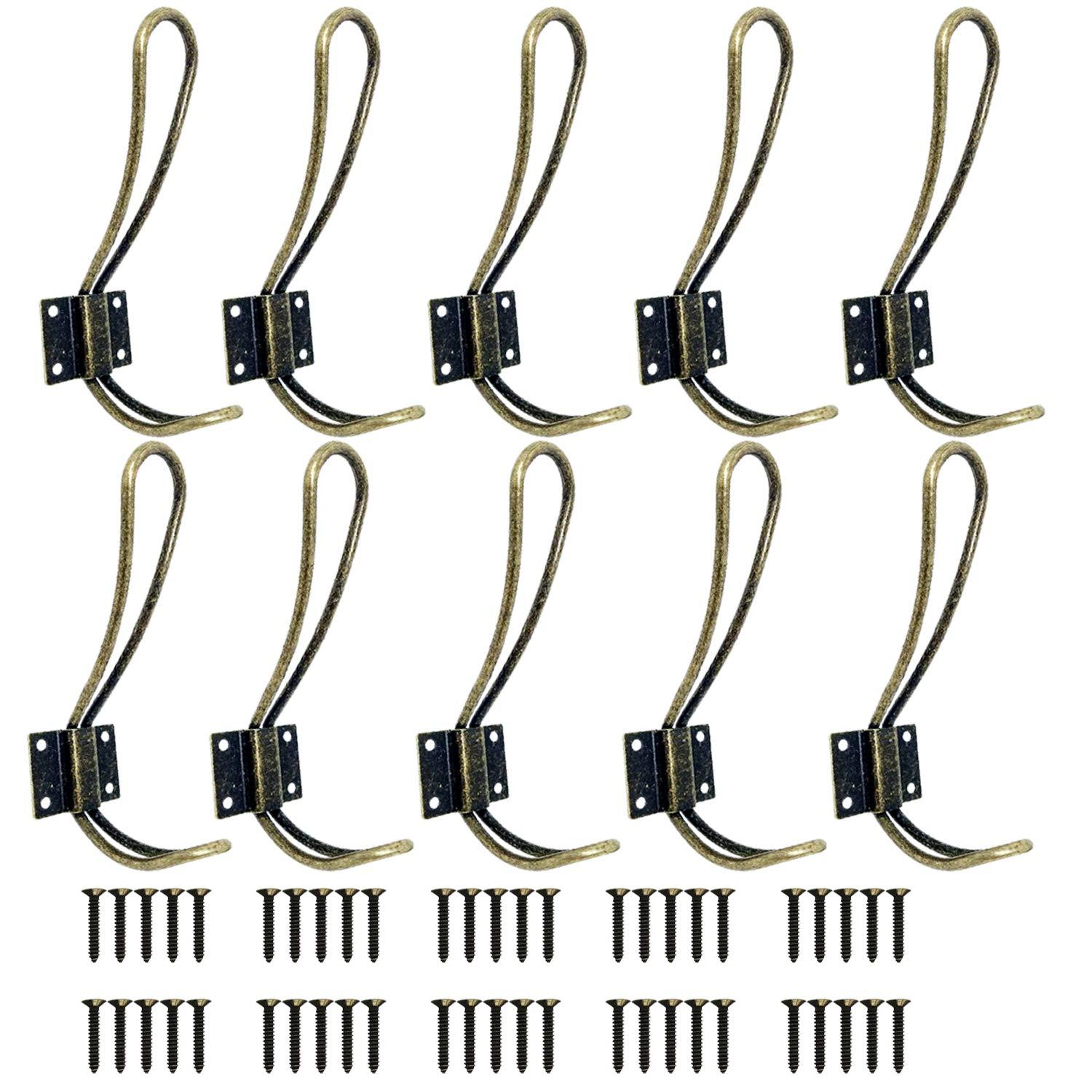 Rustic Farmhouse Hooks- 10 Bronze Pack Vintage Wire Coat Hooks | Decorative Industrial Mounted Rustic Wall Entryway Hooks with Metal Screws | Double Shabby Chic Large Coat Hook Set for Hanging Clothes