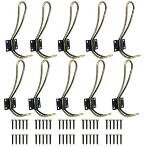 Rustic Farmhouse Hooks- 10 Bronze Pack Vintage Wire Coat Hooks | Decorative Industrial Mounted Rustic Wall Entryway Hooks with Metal Screws | Double Shabby Chic Large Coat Hook Set for Hanging Clothes