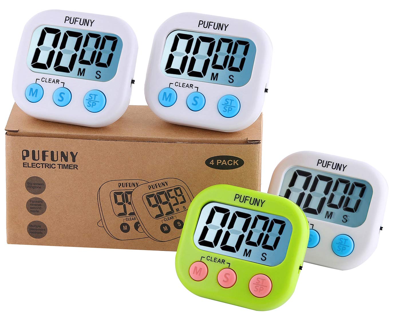 PUFUNY Digital Kitchen Timer,Cooking Timer,Large Display,Strong Magnet Back,Loud Alarm,Stand,for Cooking Baking Sports Games Office,User Guide Included,4 Pack(3 White +1 Green)
