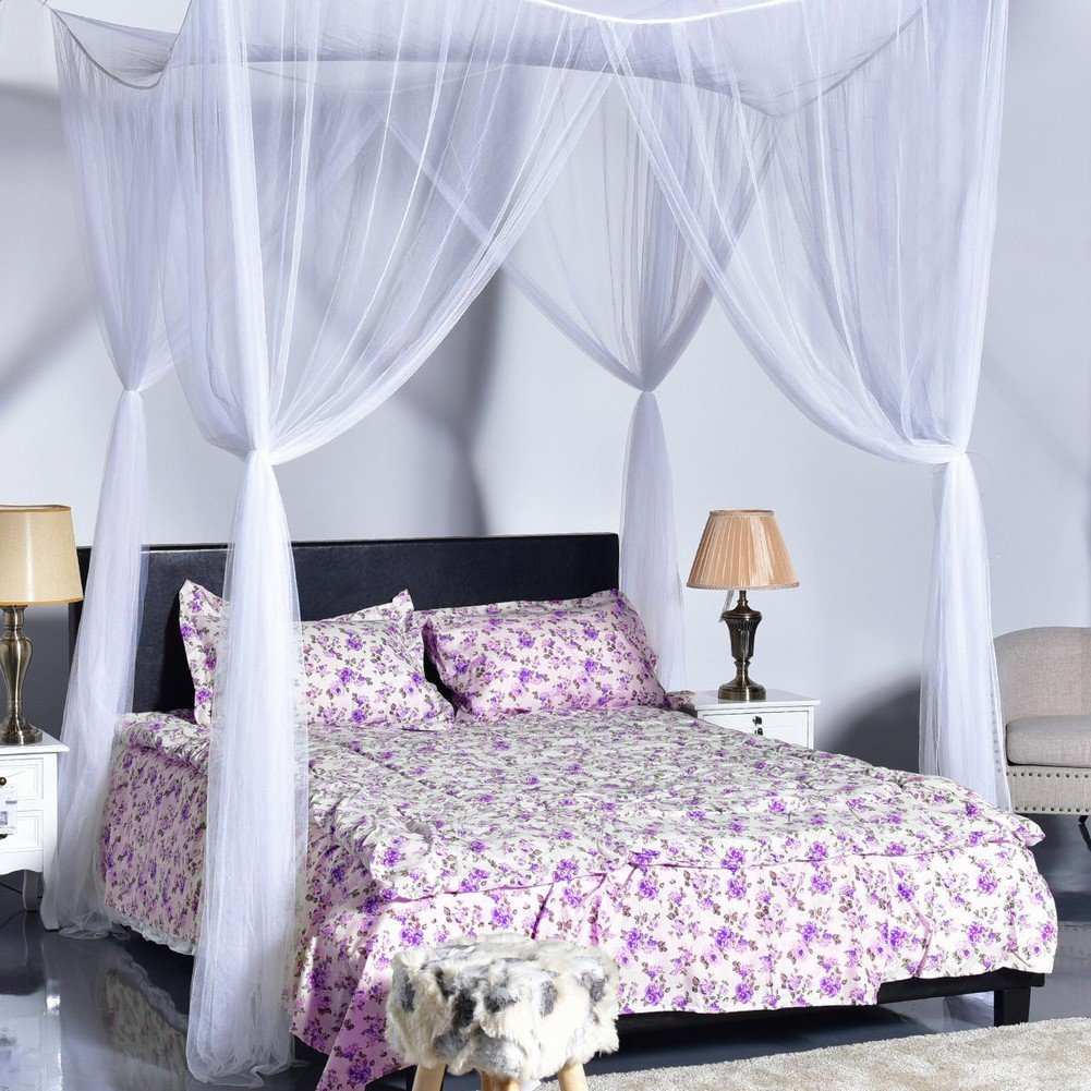 Hihotel 4 Corner Post Bed Canopy Mosquito Net Full Queen King Size Bedroom Sleeping Mesh Netting (74.8''X82.68''x97.49'')