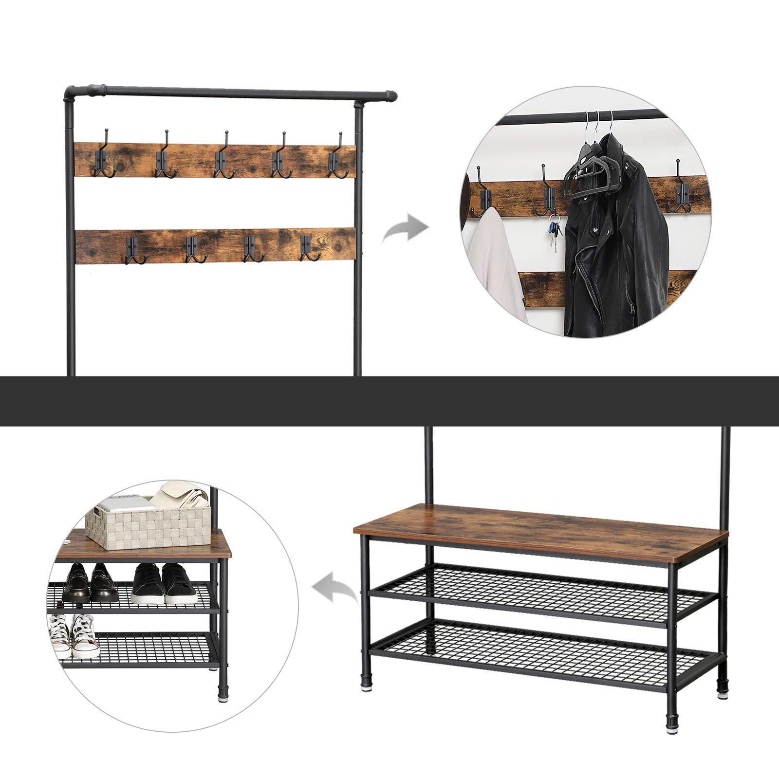 Shop here vasagle industrial coat rack with storage bench pipe style large hat and coat stand with 9 hooks and shoe rack multifunctional hall tree sturdy iron frame uhsr47bx