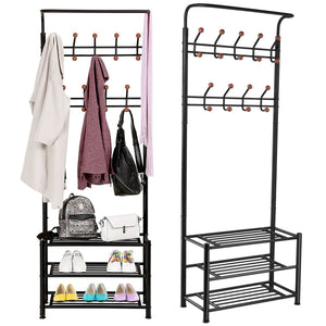 Discover the fyheart heavy duty coat shoe entryway rack with 3 tier shoe bench shelves organizer with coat hat umbrella rack 18 hooks for hallway entryway metal black