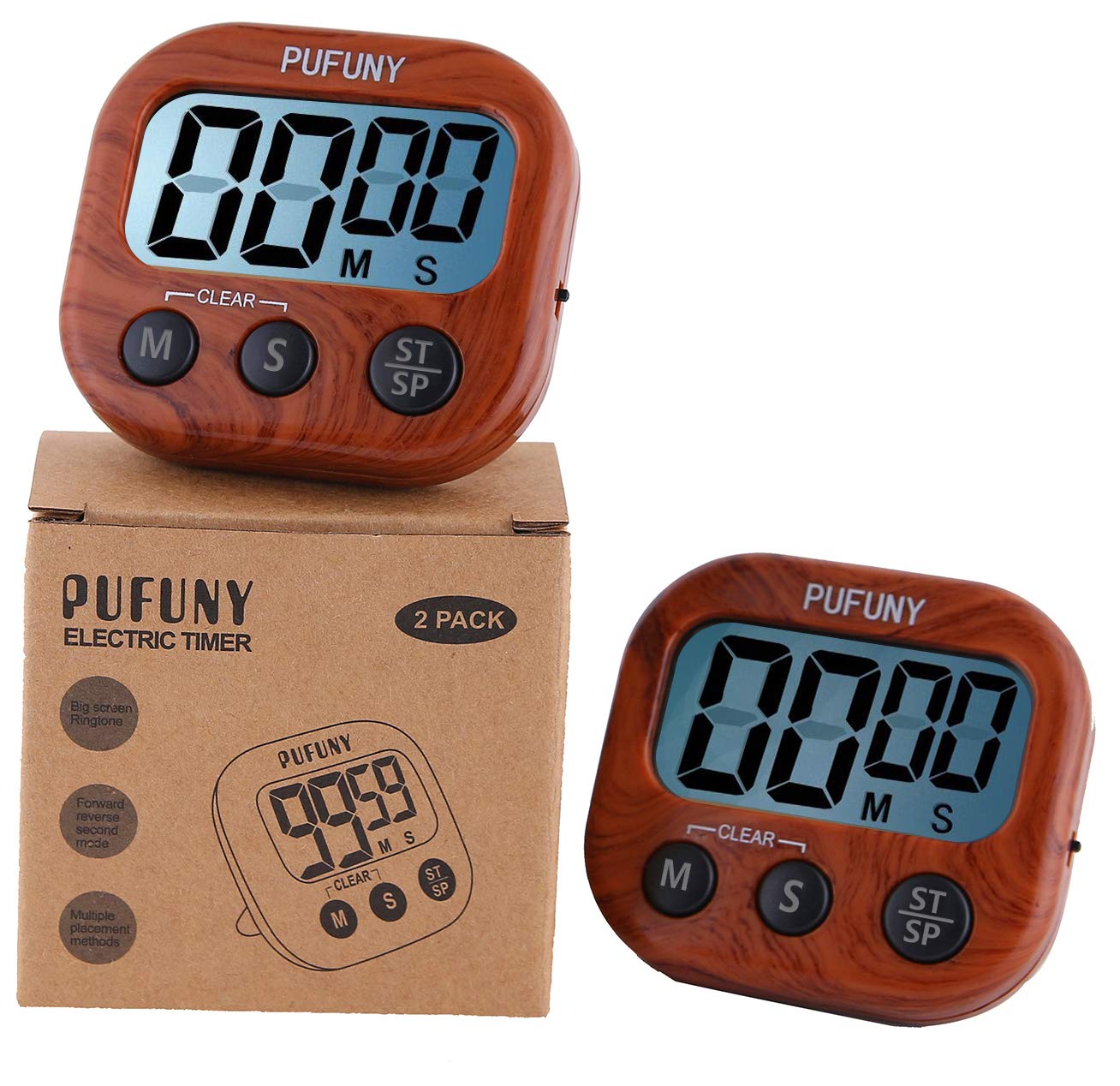 PUFUNY Digital Kitchen Timer,Cooking Timer- Electronic Large Display,Strong Magnet Back,Loud Alarm,Stand,for Cooking Baking Sports Games Office,User Guide Included,2 Pack(Wood Grain)