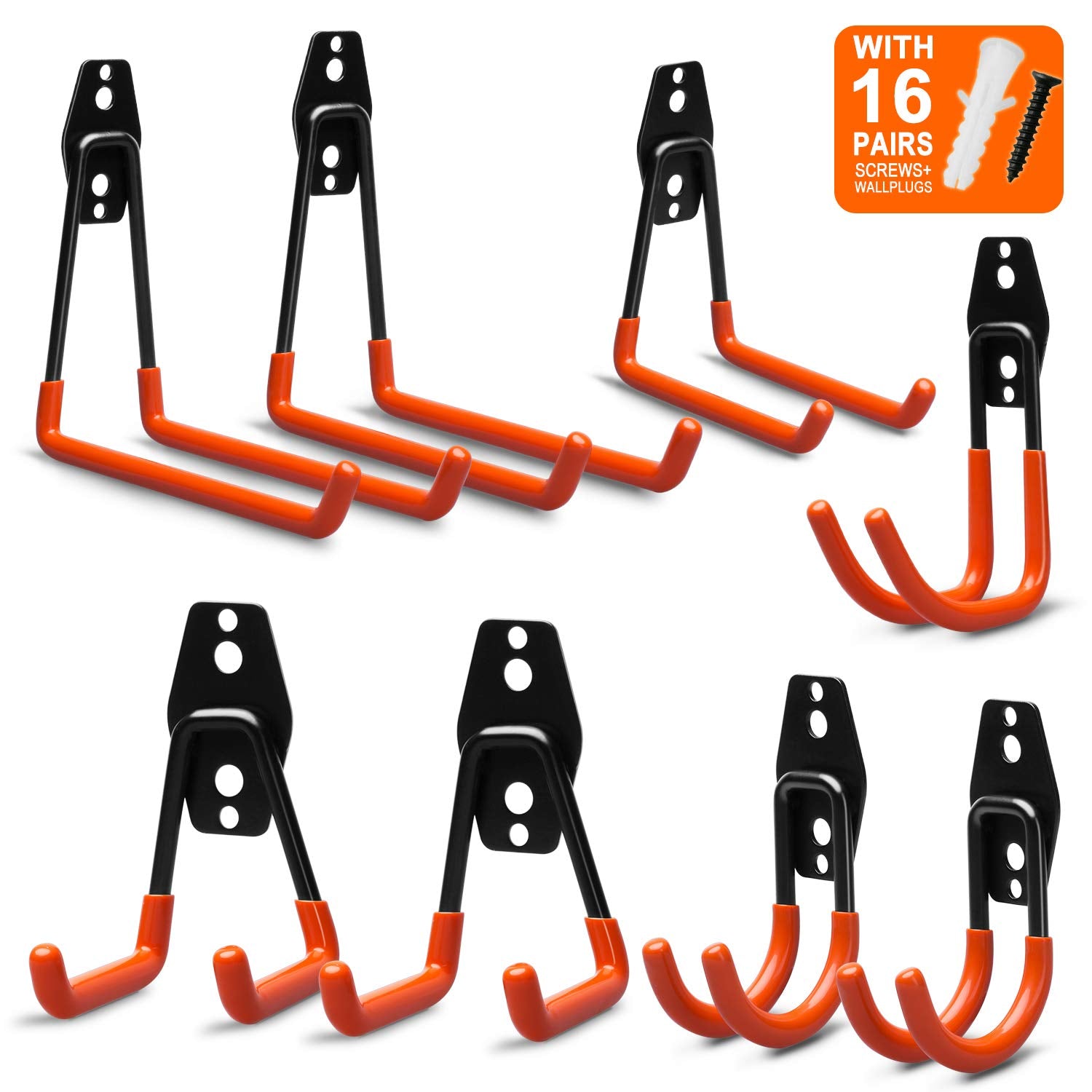 EletecPro 8 Pack Garage Wall Hooks,Steel Multi-Size Extended U-Hook for Heavy Duty Garage Storage Organizers,Bicycle Hanger Utility Hooks with Screws and Wall Anchors (8 PCS Multi-Size Set)