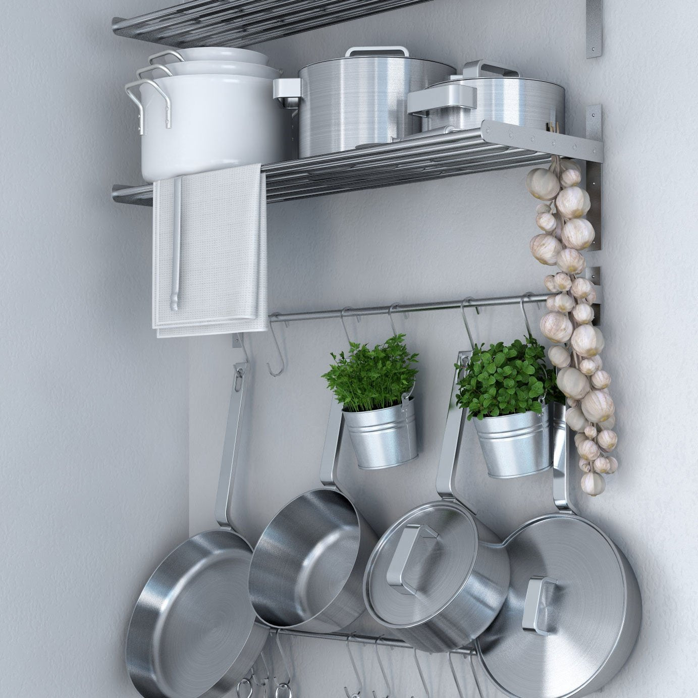 Ikea Grundtal Stainless Steel Wall Shelf , Rail and 15 Large Hooks Set , Kitchen Storage and Organizer Set
