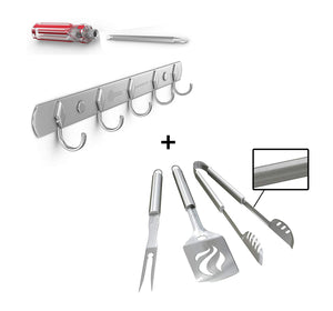 Hook Rack for BBQ Utensils + Grill Tools Set - HEAVY DUTY 20% THICKER STAINLESS STEEL - Professional Barbecue Accessories - 3 Piece Kit Includes Spatula Tongs & Fork -Birthday Gift Idea For Dad
