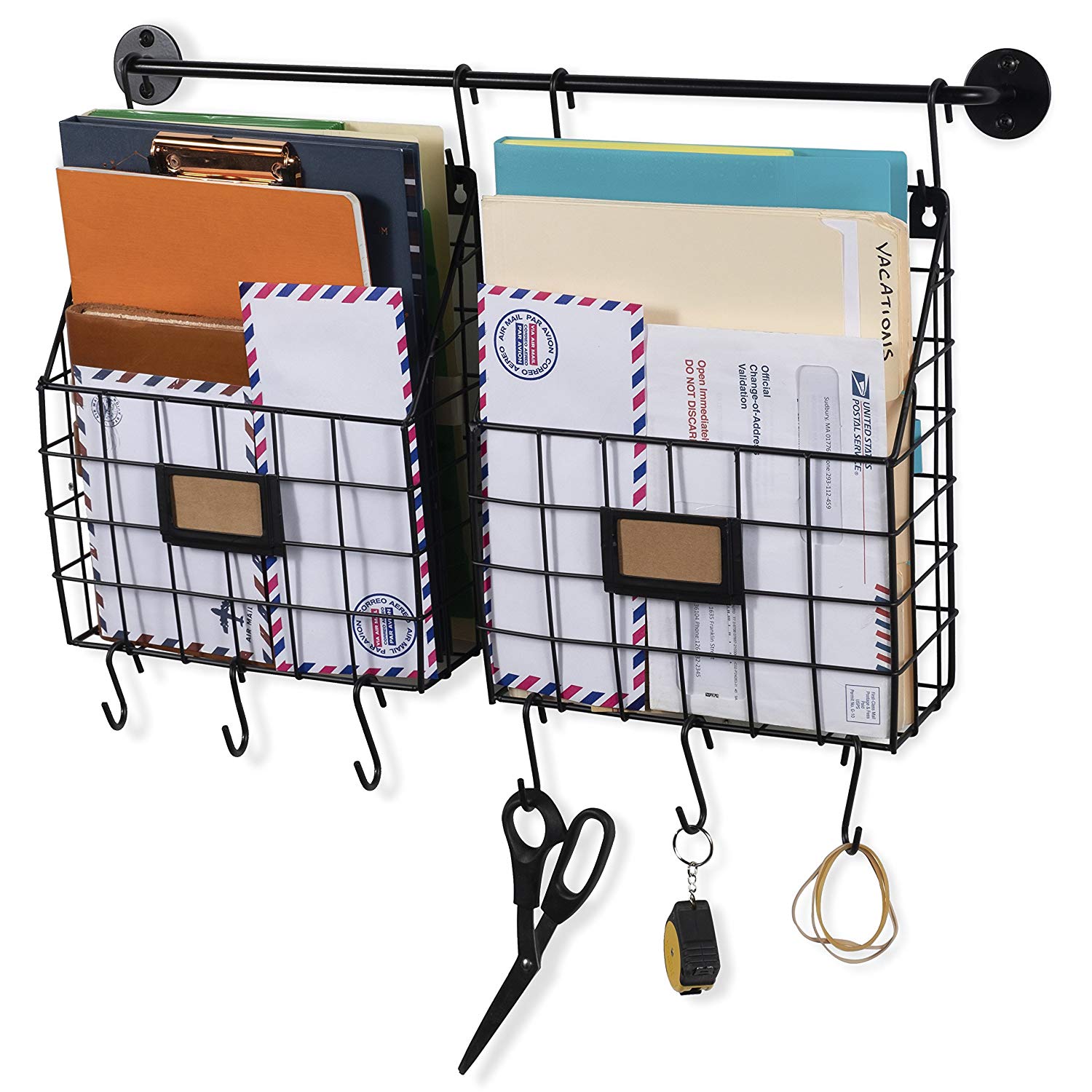 Wall35 Rivista Wall Mounted Metal Wire Baskets with Rail and Hooks - Rustic Design Multi-use Hanging File Folder - Mail Entryway Organizer - Kitchen Utensil Storage - Black