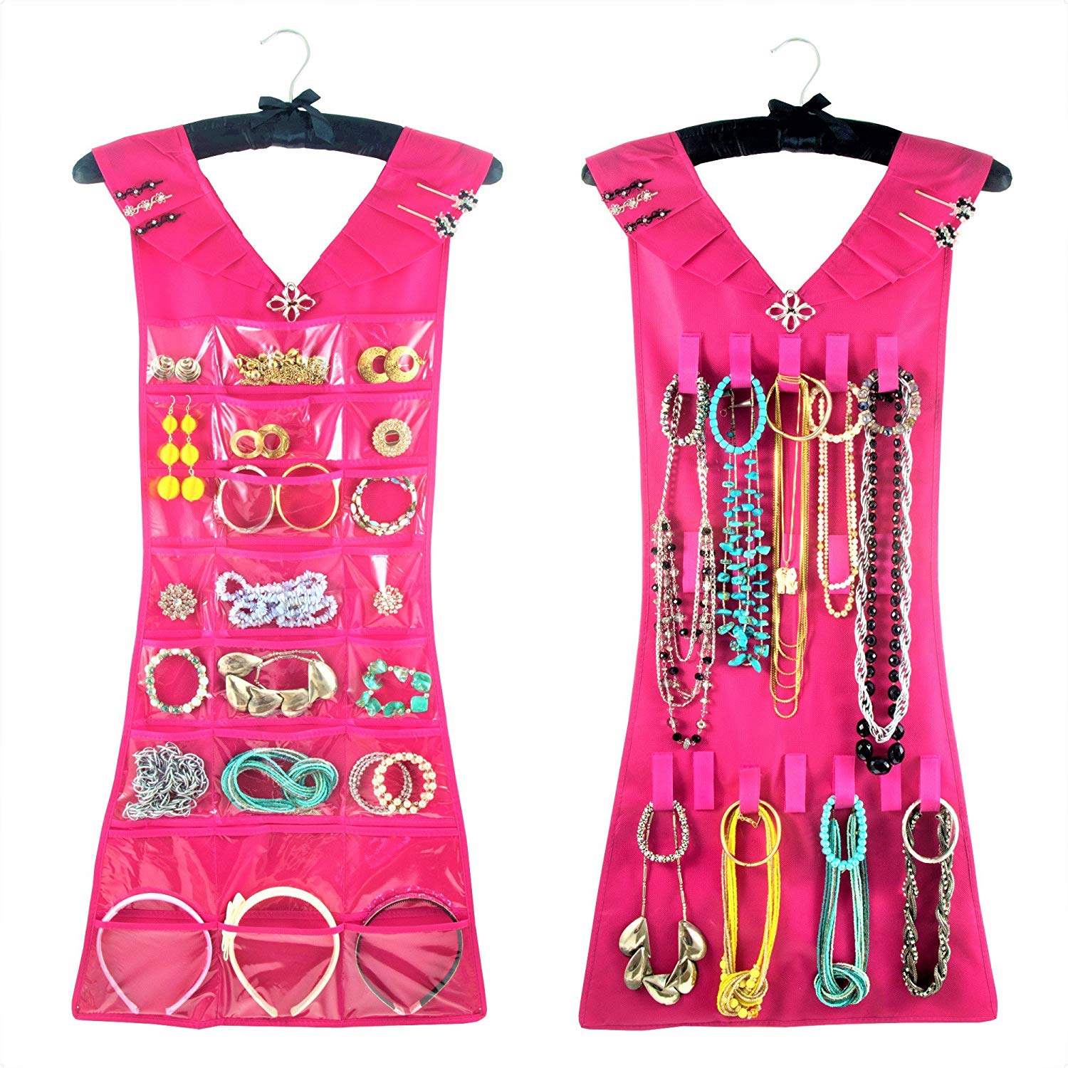 Hanging Jewelry Organizer, Closet Storage with Satin Hanger, 2 Sided for Jewelry, Hair Accessories & Makeup (1-Pink Dress & Black Satin Hanger, 24 Pockets 17 Hooks)