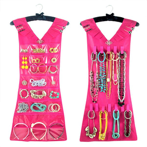 Hanging Jewelry Organizer, Closet Storage with Satin Hanger, 2 Sided for Jewelry, Hair Accessories & Makeup (1-Pink Dress & Black Satin Hanger, 24 Pockets 17 Hooks)