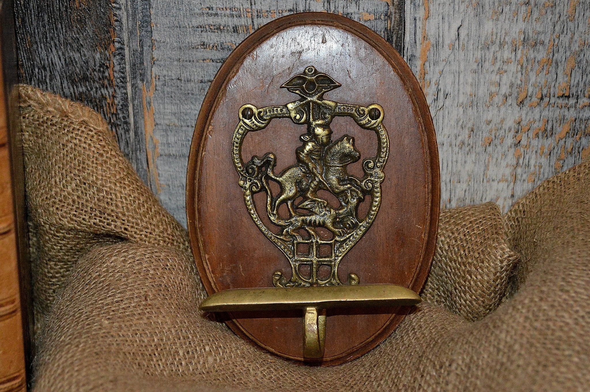 Antique French Hook Brass Knight Shield Hardware Mounted on Oak Wood Plaque