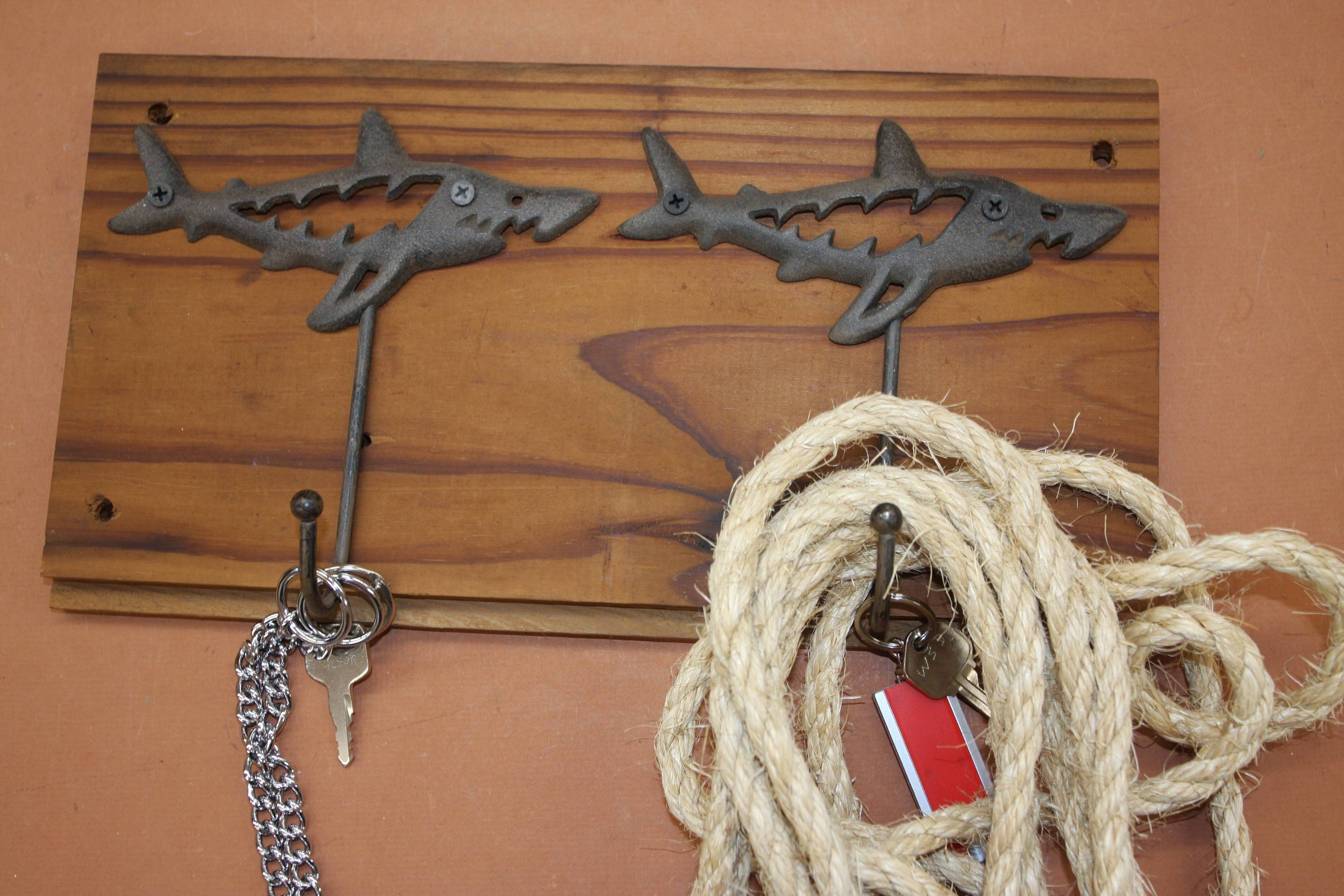 Mancave Shark Wall Decor Rustic Wall Hook Set, Handmade in USA, Cast Iron, Reclaimed 100 Year Old Wood, The Country Hookers, CH-16