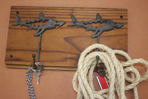 Mancave Shark Wall Decor Rustic Wall Hook Set, Handmade in USA, Cast Iron, Reclaimed 100 Year Old Wood, The Country Hookers, CH-16