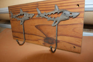 Rustic Cast Iron Shark Bath Towel Hook Set, Handmade in USA, Reclaimed 100 Year Old Wood, The Country Hookers, CH-16