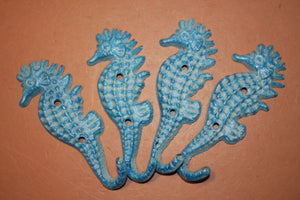 Vintage Look Coastal Aqua Color Seahorse Wall Hooks, Cast Iron, Coastal Living Seahorse Decor, 7&quot; high, N-2