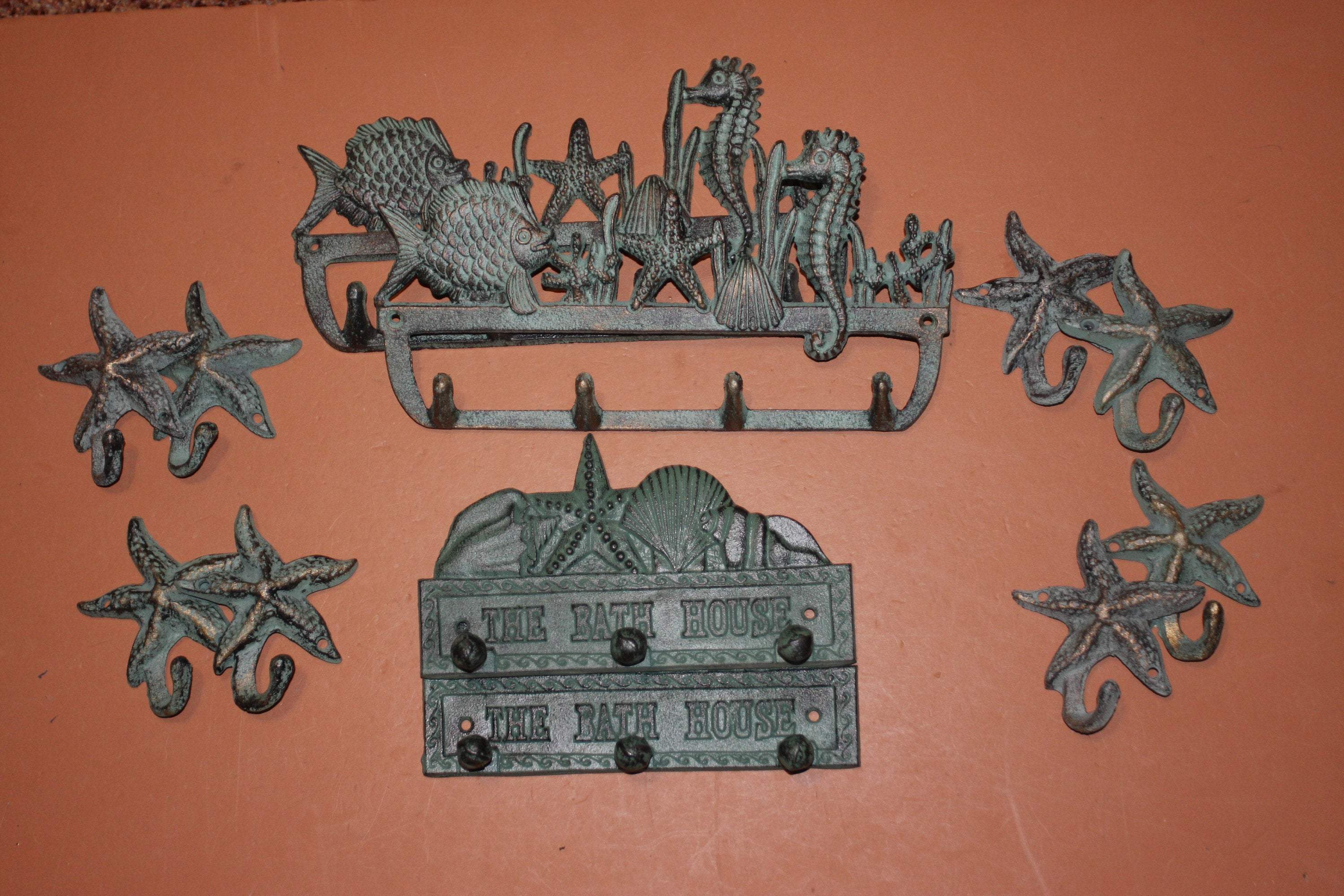12) Beach House Warming Gift Set of 12 Cast Iron Nautical Coat Hat Towel Key Wall Hooks, Free Ship, Seabreeze