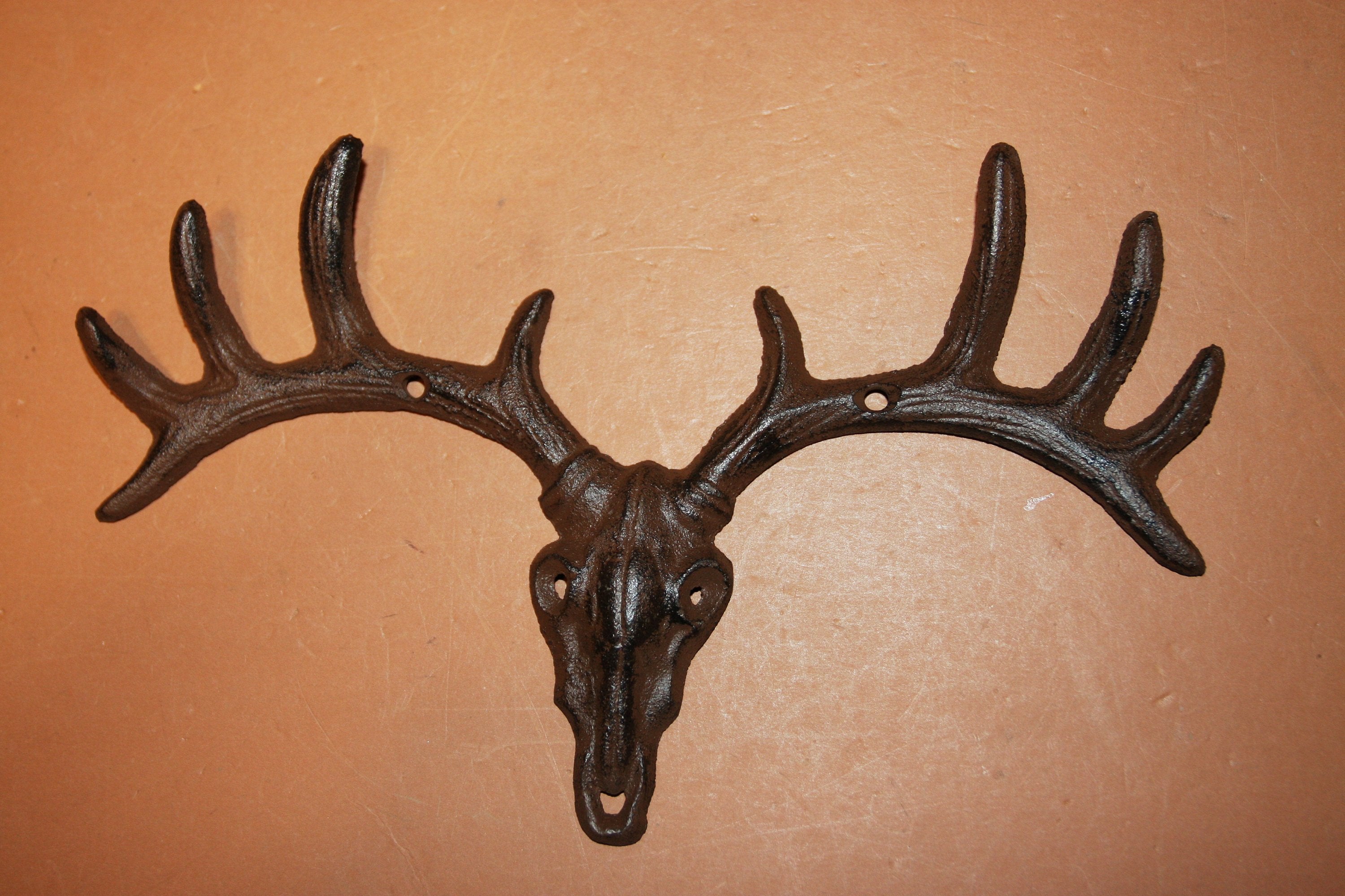 Cheyenne Deer Skull Cast Iron Wall Hook Rack, 10 inch wide, H-100