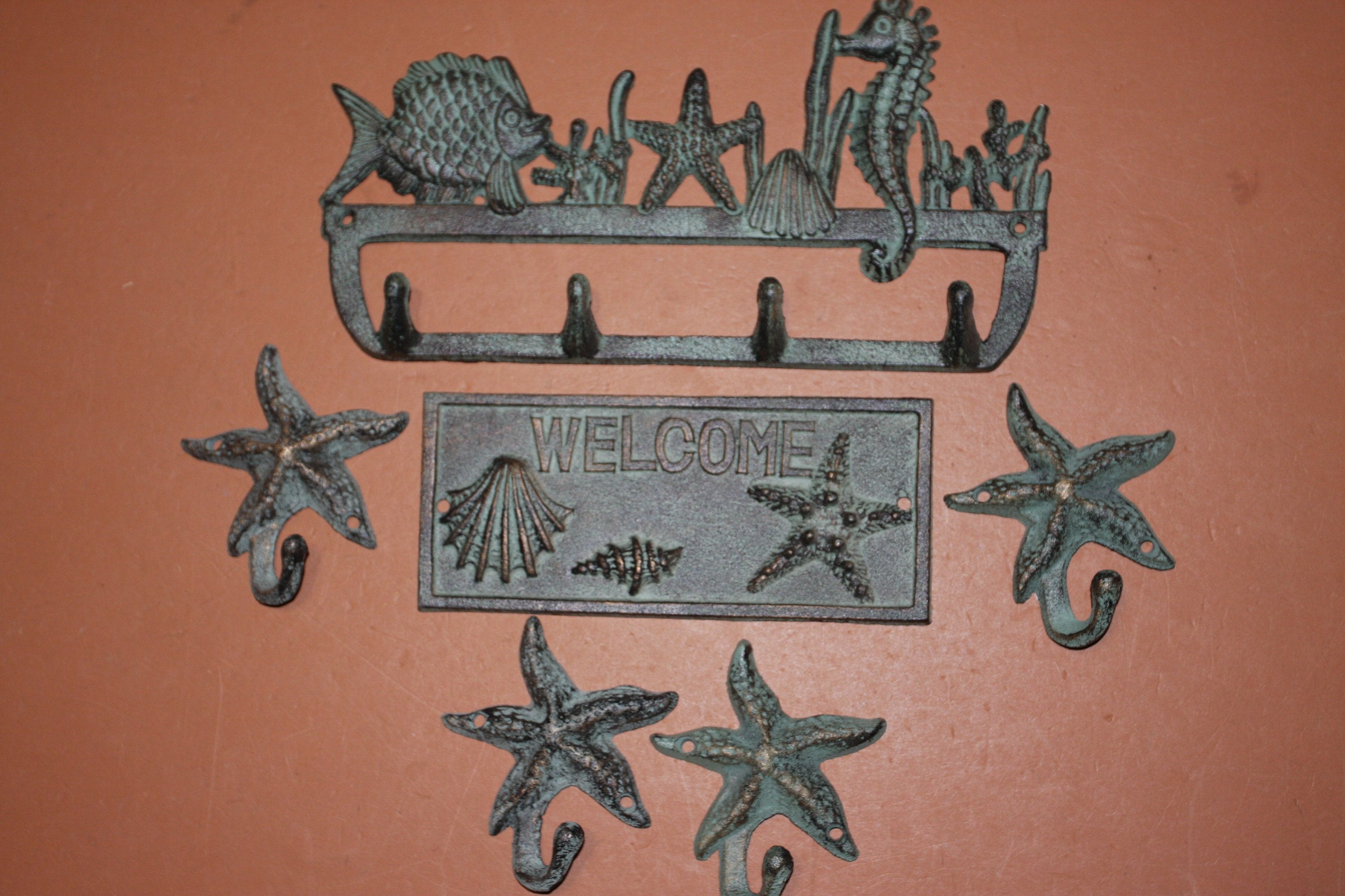 6) Beach House Welcome Plaque Front Door Entryway Decor, Sea Breeze